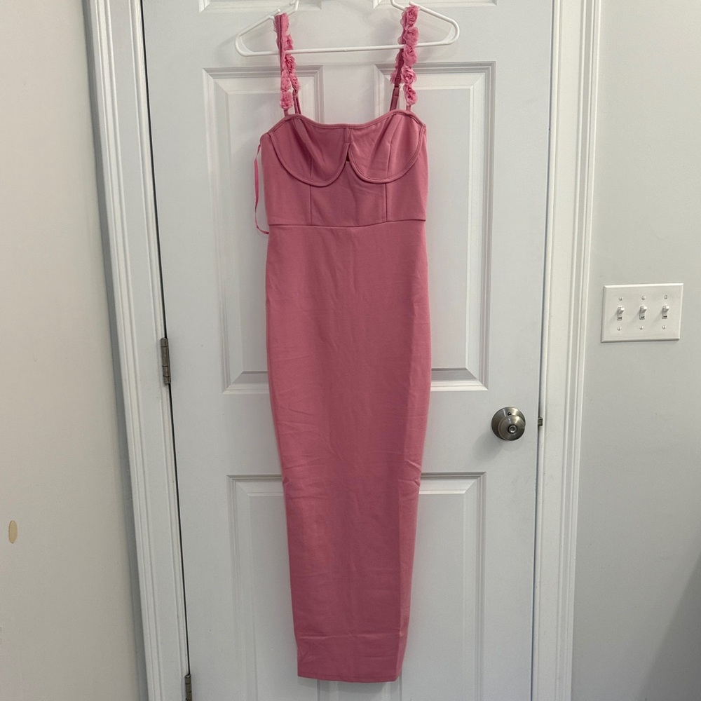 Selfie Leslie Rose-Pink Ruched-Strap Bodycon Midi Dress
